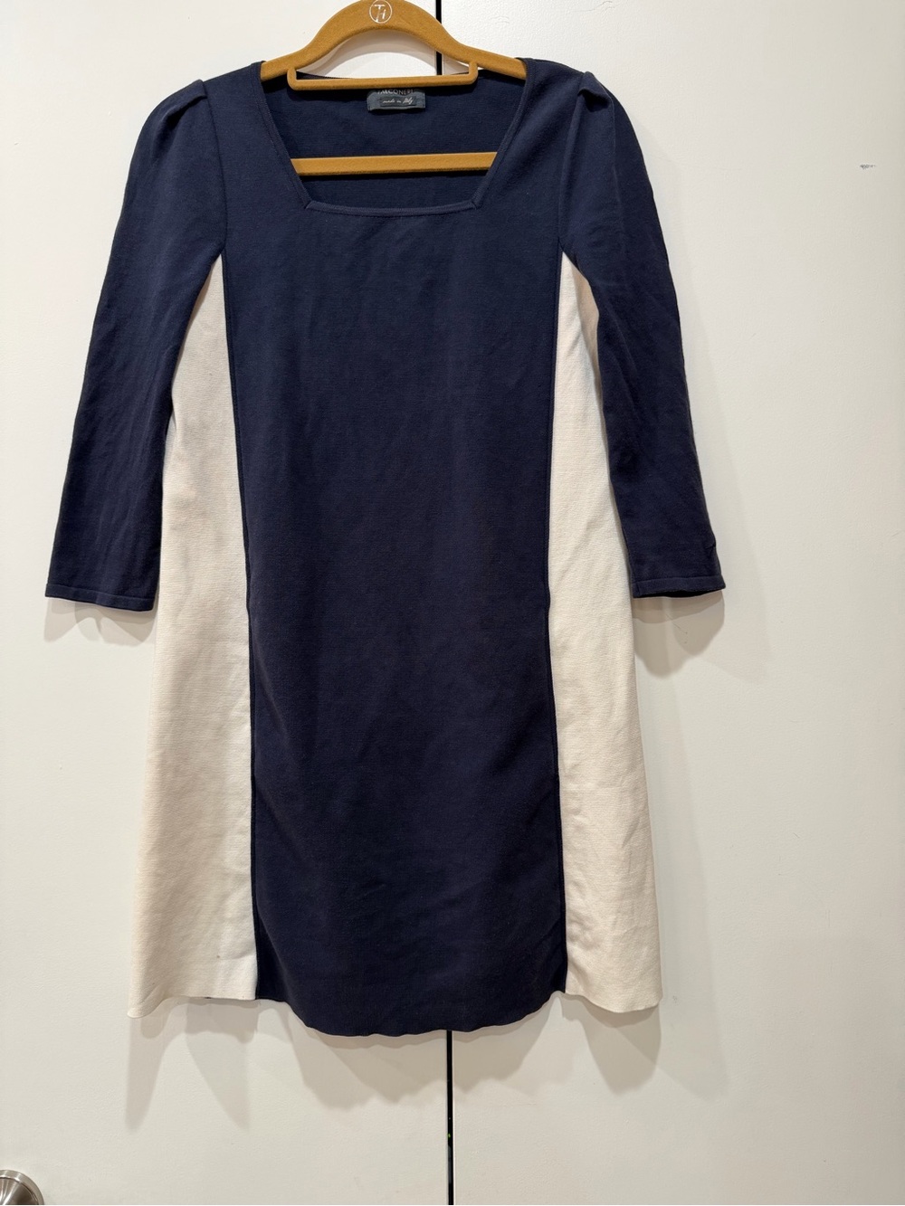 Falconeri Italian Cotton Knit Color Block 3/4 Sleeve Shift Dress Blue Cream XS
